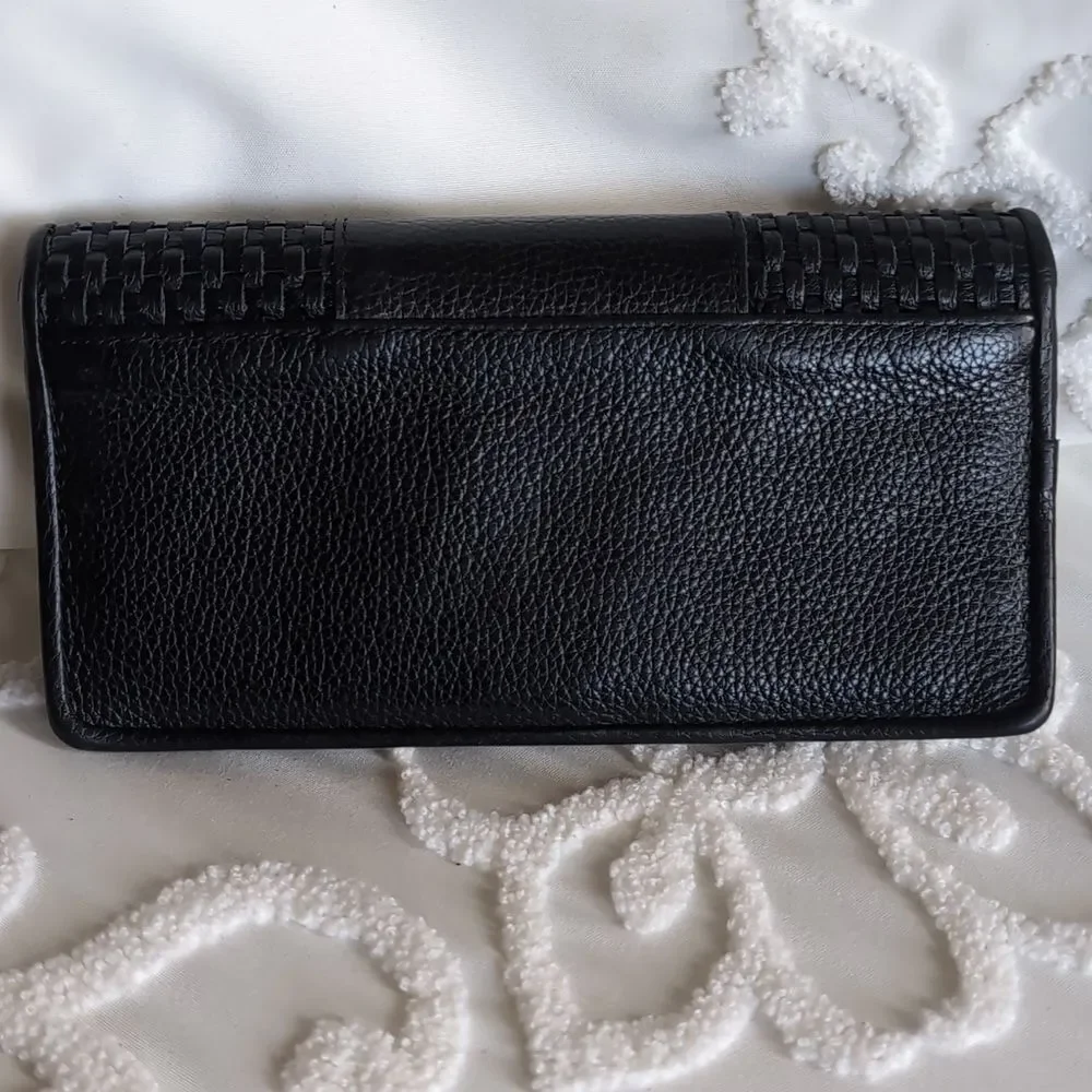 Brighton Talana Large Slim Wallet Woven Black Leather With Silver Medallion NWOT